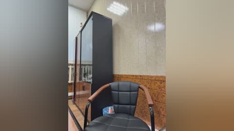 Video of a small, dimly lit office with a black leather chair, wooden armrests, and a beige and brown tiled wall. The room features a large mirror and a vertical black cabinet.
