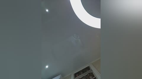 Video of a modern, well-lit interior ceiling with a circular, bright white light fixture and three recessed spotlights, creating a sleek, minimalist ambiance.