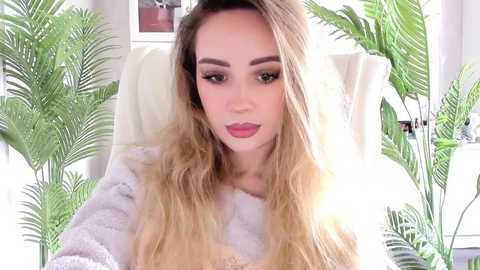 Video of a young woman with long, wavy blonde hair, light skin, and full makeup, seated in a chair with green plants in the background, wearing a soft, light-colored sweater.