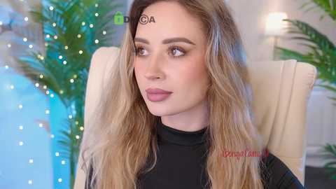 Video of a fair-skinned woman with long, wavy blonde hair and light makeup, wearing a black turtleneck, sitting in a beige chair, background featuring a potted palm and string lights.