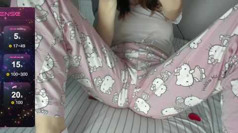 A video of a woman in pink Hello Kitty pajamas, sitting on a bed, legs spread wide, revealing her vulva.