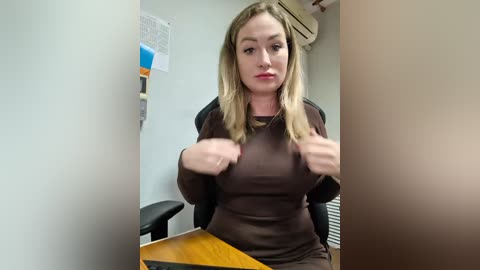 A video of a woman in a brown shirt punching a wooden desk in a beige office. Background includes a wall with a poster and air conditioning unit.