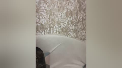 Video of a person's head and shoulders lying on a white pillow with a beige and brown patterned pillow behind. The background is a cream-colored wall.
