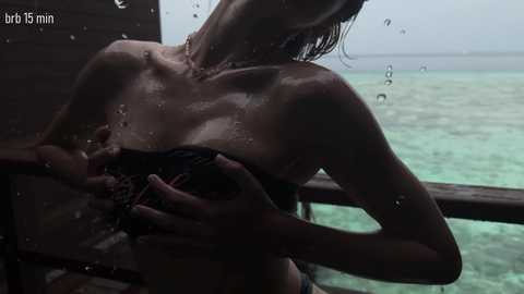 Video of a wet, shirtless, slim, light-skinned woman with wet hair, holding a towel, standing on a wooden deck overlooking a turquoise ocean.