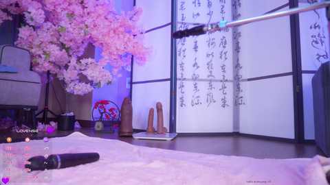 Video of a serene, minimalist room with cherry blossom tree, traditional Japanese sliding doors, wooden floor, and a black dildo on a pink rug.