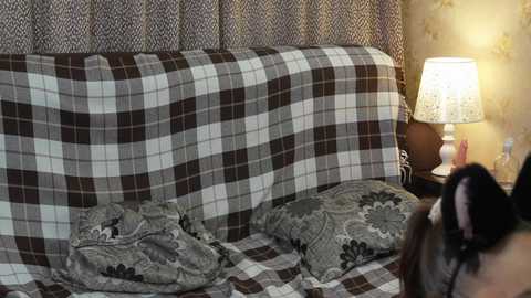 Video of a cluttered bed with a plaid blanket, gray and brown floral pillow, and a woman with dark hair in a bun, standing beside a beige lamp with a white shade.