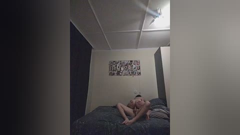 A dimly-lit, low-resolution video of a couple in bed, naked, with a framed photo above them. The man has short dark hair, and the woman's hair is short and light brown.