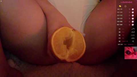 Video of a woman's bare, smooth, and lightly tanned thighs, with a cut-out orange slice covering her genital area. Background is blurred, with a digital clock showing 2:27 AM.