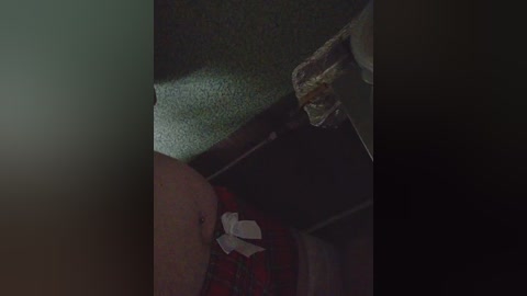 A dimly lit video of a person wearing a red plaid shirt, leaning against a dark wall with a textured surface, possibly a carpet. The image is slightly blurred, giving it a grainy, vintage feel.