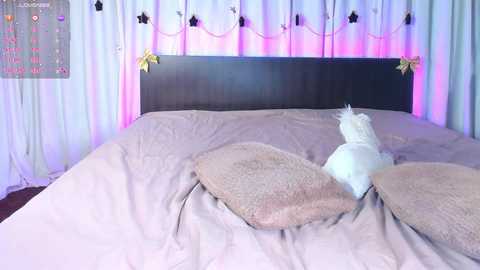 Video of a cozy bedroom with a plush bed covered in beige sheets, a white pillow, and a fluffy, light-colored cat sleeping on it. The background features pastel curtains with star lights and fairy lights.