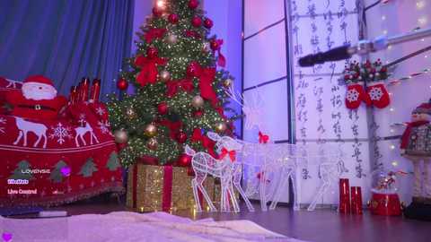 A festive indoor Christmas scene features a decorated tree with red and gold ornaments, white reindeer, a red and white striped Christmas sweater, and white lace curtains.