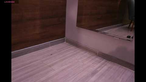 A video of a bathroom with a beige-tiled floor, a large mirror reflecting part of a person's legs in green pants and black shoes, and a brown wall. The lighting is soft and diffused.