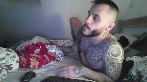 Video of a tattooed, bearded man in a sleeveless gray shirt, lying on a bed with a red and white patterned blanket, watching TV.