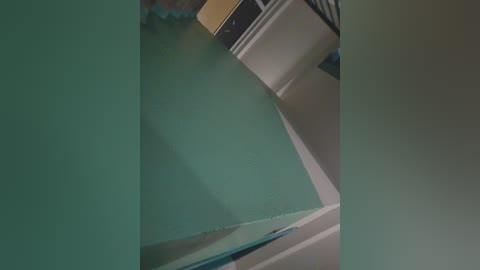 Video of a cluttered room with a white ceiling, a blue wall, and a partially visible window with blinds. The room is dimly lit, suggesting an indoor setting.