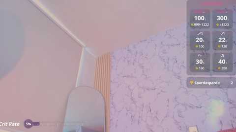 Video of a bathroom interior, featuring a pastel pink and white marble wall, a wooden shelf, and a modern mirror. The image includes a digital overlay with health data and a fitness app interface.