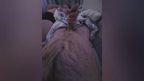 Video of a person with light skin, lying on a bed, wearing a grey shirt and light blue shorts. The image is grainy and dimly lit, with the focus on the abdomen and genitals, showing pubic hair and a partially erect penis.