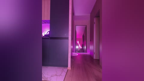 A video of a narrow hallway with dark purple walls, a white marble floor, and a glowing neon pink \"L\" sign, creating a vibrant, modern, and slightly surreal atmosphere.
