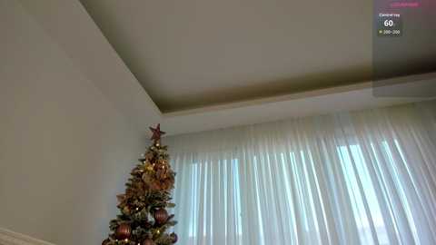 A video of a Christmas tree with multicolored ornaments and a star topper, standing in front of sheer white curtains. The room has a cream-colored ceiling and a digital clock showing 5:59 AM in the top right corner.