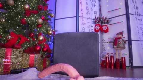 Video of a festive room with a decorated Christmas tree, a gray TV, and a large, realistic pink dildo on a white rug.