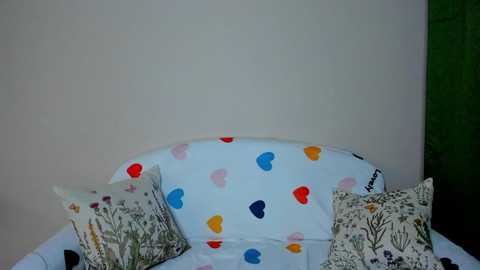 A video of a bed with a white pillow featuring colorful heart prints and floral-patterned pillows, set against a plain white wall and green door.