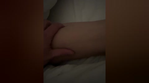 A dimly lit video shows a close-up of a hand gently holding a pale, smooth-skinned buttock, with a blurred, muted background suggesting a bedroom setting.