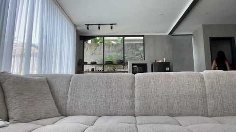 Video of a modern living room with a light grey sectional sofa, sheer white curtains, large windows, and a minimalist TV stand with a flat-screen TV.