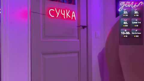 Video of a white door with a neon \"CYKA\" sign in red, illuminated by purple lighting. A partially visible figure stands to the right, casting a shadow.