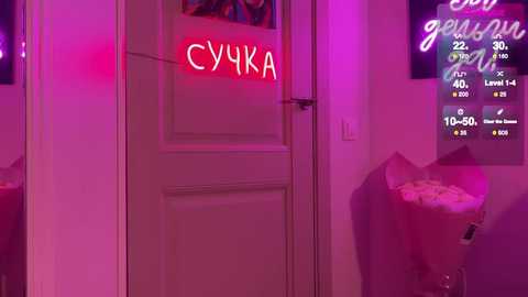 Video of a dimly lit, pink-lit hallway with Cyrillic text on a door, displaying a sign reading \"Cinema\".