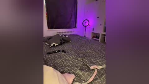 Video of a dimly lit bedroom with a grey checkered bedspread, a black and white pillow, a pink bra, a selfie stick, and a ring light with purple hue on the wall.