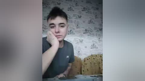 Video of a young man with short dark hair, wearing a gray T-shirt, leaning on his hand, sitting on a yellow chair with a patterned cushion. The background features a wallpaper with vintage car illustrations.