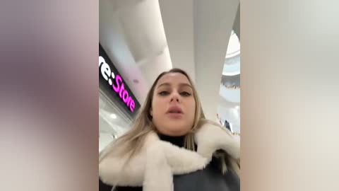 Video of a young woman with light skin, blonde hair, and a white fur coat, taken from a low angle, inside a modern shopping mall with white curved ceiling and blurred signage.