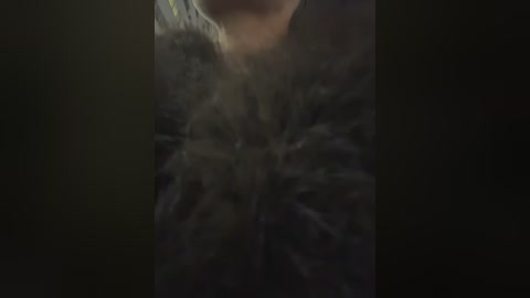 A dimly lit, grainy video of a person's neck and shoulders, partially obscured by a dense, dark, fuzzy material that appears to be a scarf or jacket. The image is dark and somewhat blurry, making it difficult to discern specific details.