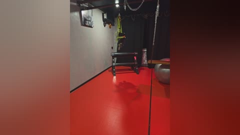 Video of a dimly lit, modern gym with red rubber flooring. A black weight bench and dumbbells are visible. Chains hang from the ceiling, and a large black bag is placed near a wall.