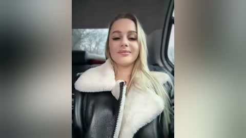Video of a smiling young woman with long blonde hair, wearing a black leather jacket with white fur trim, seated in a car.