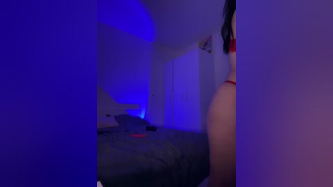 Video of a dimly-lit bedroom with blue lighting, featuring a bed with gray bedding, a white door, and a partially visible woman in a white top.