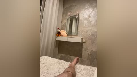 Video of a cozy, rustic bathroom with beige walls, a fluffy white bath mat, and a mounted mirror. A plush, light brown teddy bear sits on a white shelf.