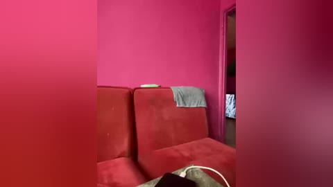 Video of a small, empty room with vibrant pink walls, featuring a red fabric sofa with a gray blanket draped over it. The scene is dimly lit, and the room appears sparsely furnished.
