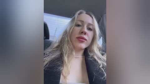 Video of a blonde woman with fair skin, wearing a black blazer, sitting in a car. She has a neutral expression. The background shows a blurred window and seat.