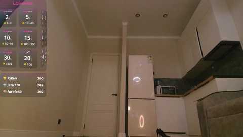 Video of a modern, compact kitchen with white appliances, stainless steel sink, green countertops, and a digital calendar display on the wall showing weather and temperature.