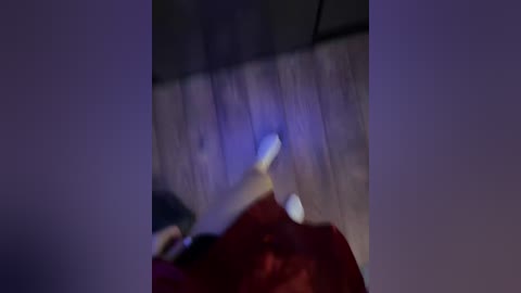 A blurry video of a person in a dark room with a red blanket and wooden floor, featuring a blue light source.