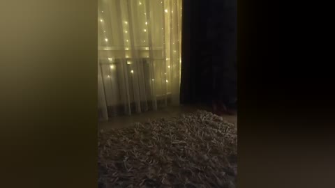 A video of a dimly lit room with a beige carpet, a large window draped in sheer curtains with warm, glowing fairy lights, and a person standing in the shadows.