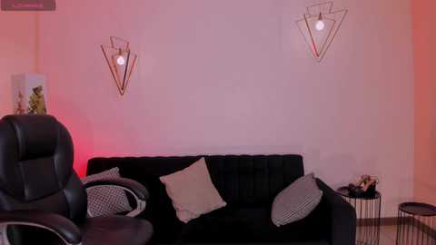 Video of a modern living room with a black sofa, checkered pillows, a black leather chair, geometric wall lights, and a small side table.