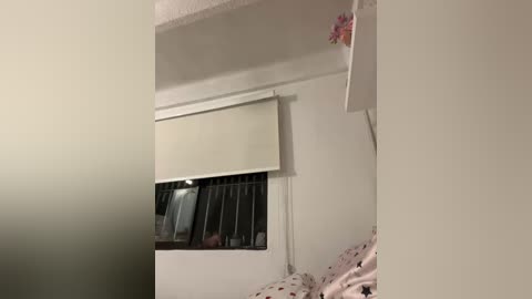 A video of a dimly lit bedroom with beige walls, a window with a partially open white blind, and a bed covered in pink sheets with a small bouquet of pink flowers on a white shelf above.