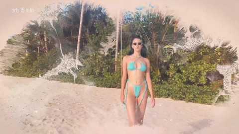 A video of a woman with long, dark hair in a turquoise bikini, standing in shallow water on a sandy beach with lush, green palm trees in the background.