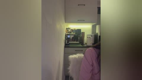 A video of a narrow kitchen with white cabinets, a black countertop, and a microwave, illuminated by a greenish-yellow light. A person in a pink jacket stands partially visible in the foreground.