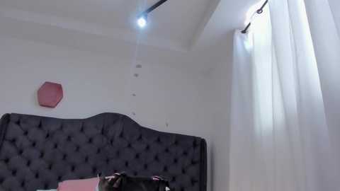 Video of a minimalist bedroom with a dark gray, tufted headboard, white walls, a pink hexagonal wall decoration, a white curtain, and a ceiling-mounted light fixture.