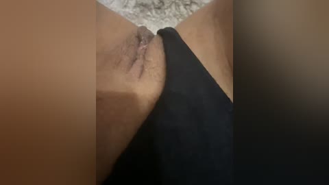 A close-up video showing a woman's shaved vulva, partially covered by black fabric, with a light brown complexion. The background features a textured, beige carpet. The image is intimate and explicit, focusing on the genital area.