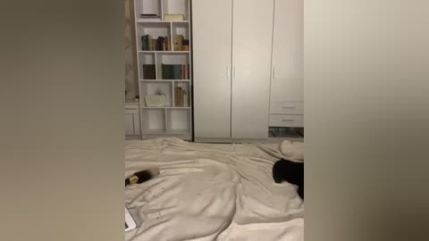 A video of a cluttered, dimly-lit bedroom with a white bedspread, a black stuffed animal, a partially visible phone, and a white bookshelf with books and baskets.