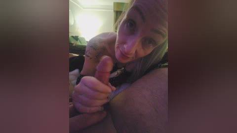 A video of a young woman with blonde hair and tattoos, giving a thumbs-up while in a dimly lit room with a lamp, green curtains, and a bed.