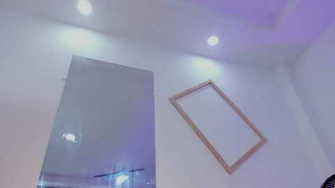 Video of a minimalist room with a large, mirror-like reflective surface on the left and a simple wooden-framed mirror on the right, illuminated by recessed ceiling lights. The walls are white, creating a clean, modern aesthetic.